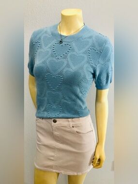Massimo Dutti Blue Heart-Pattern Knit Short Sleeve Top